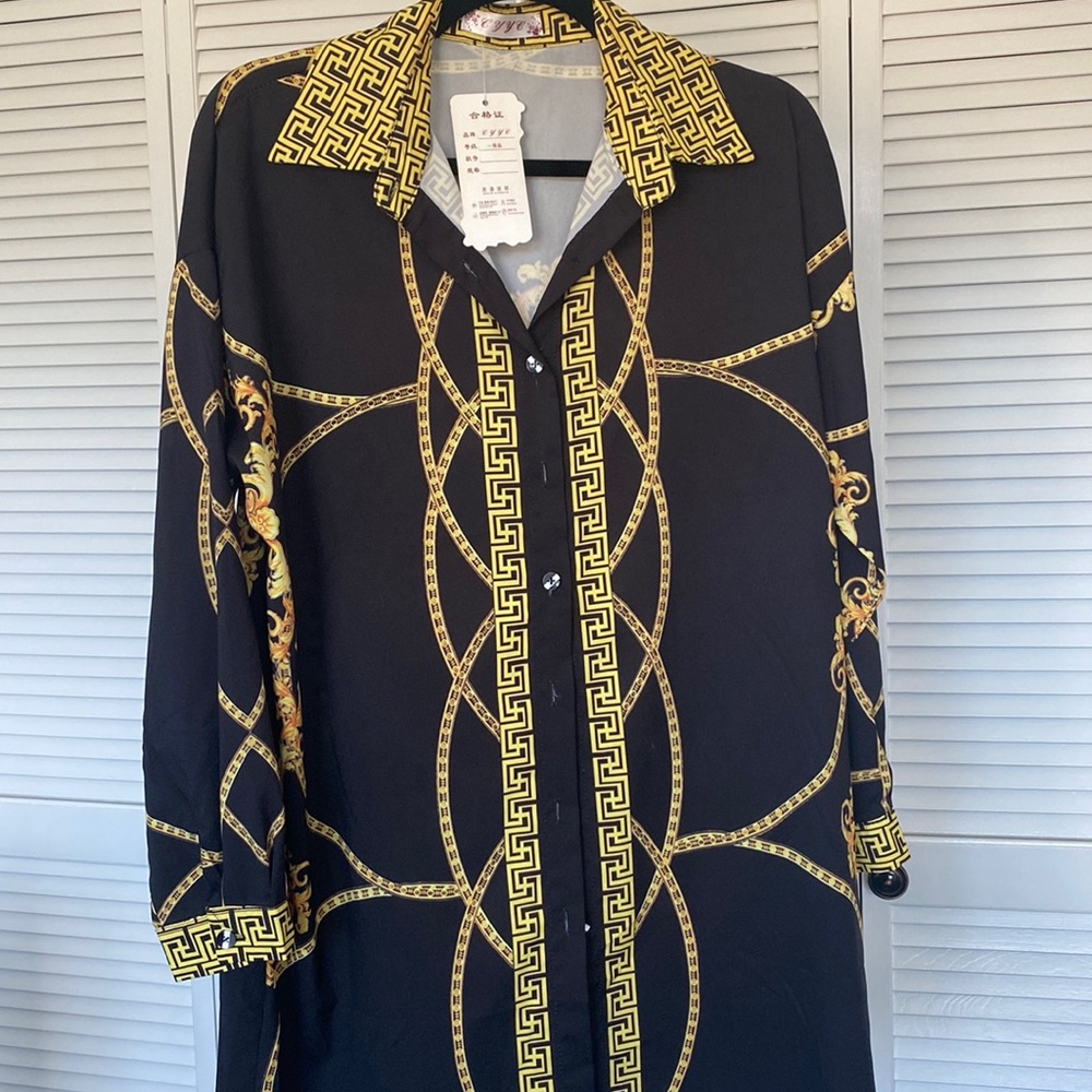 Versace inspired, long sleeved, black, button down shirt